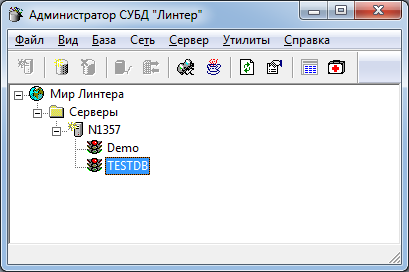 Основное окно программы «Администратор СУБД ЛИНТЕР»