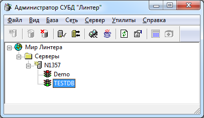 Окно администратора после запуска ядра на БД TESTDB